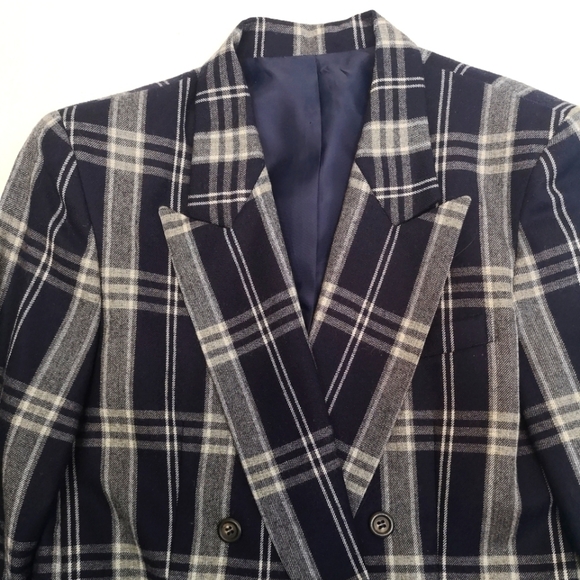 80s vintage window pane plaid oversized double-breasted NAVY/WHITE wool jacket - Picture 3 of 15